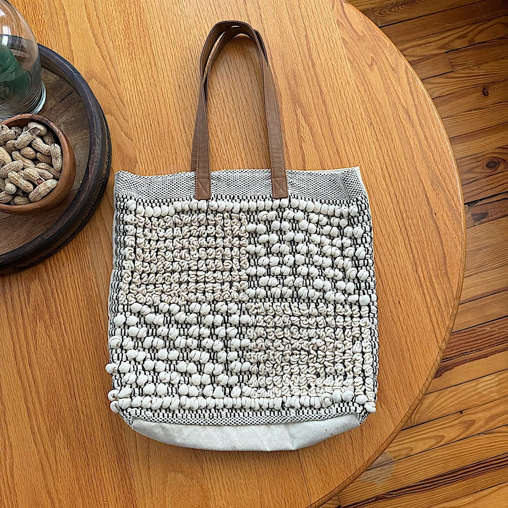 Large canvas sturdy large tote bag vegan shoulder straps cream tan and black